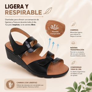 Sandalias de Cuña de Piel con Plantilla de Gel – Negro y Platino