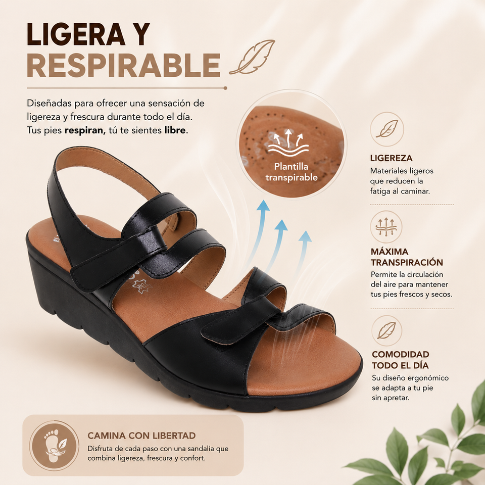 Sandalias de Cuña de Piel con Plantilla de Gel – Negro y Platino