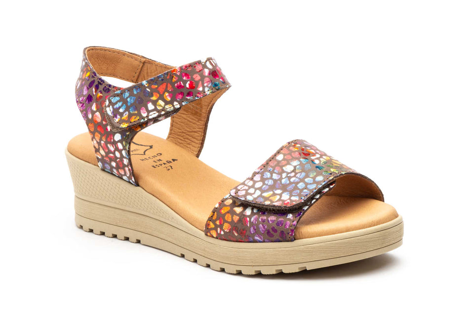 Sandalias de Mujer de Cuero con Estampado y Múltiples Tiras Ajustables con Velcro