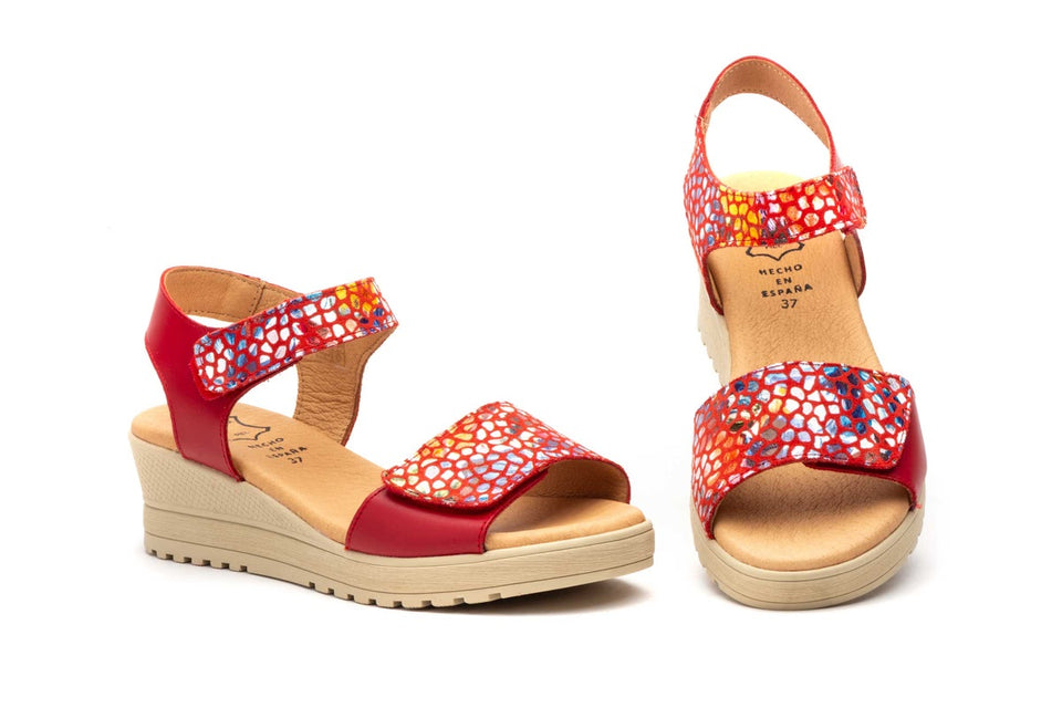 Sandalias de Mujer de Cuero con Estampado y Múltiples Tiras Ajustables con Velcro