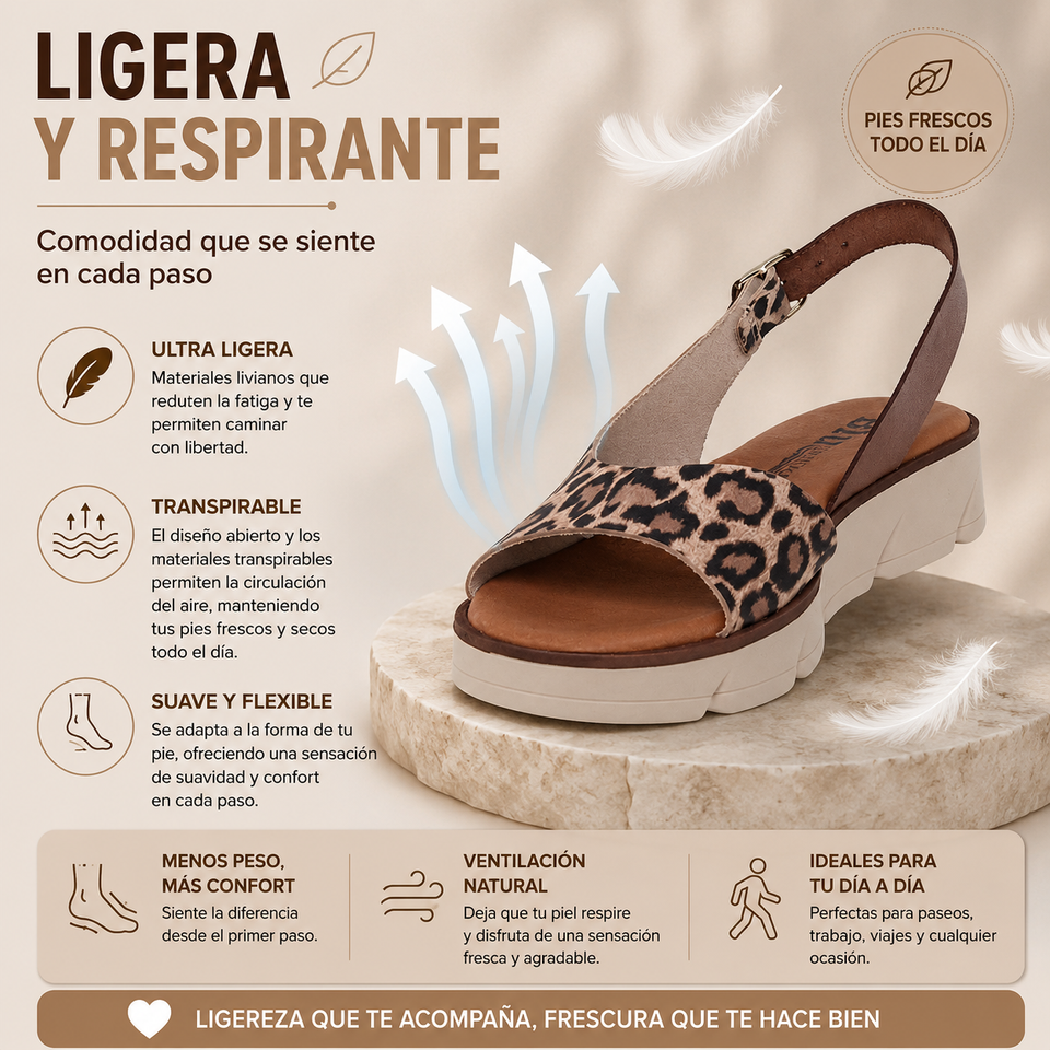 Sandalia de Cuña de Cuero con Estampado Leo – Cuña de 3 cm