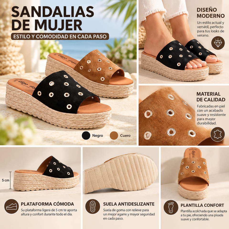 Sandalia de Mujer en Piel – Negro y Cuero