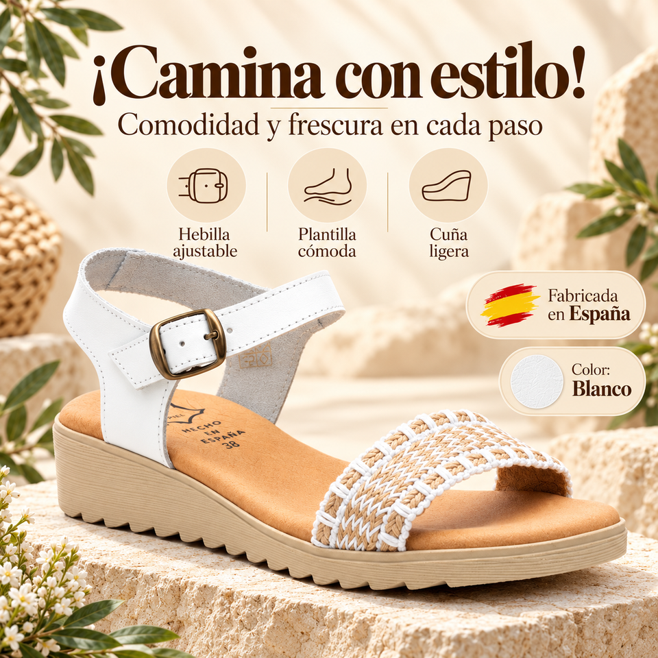 Sandalias de Mujer Blancas de Piel y Yute con Hebilla y Cuña de Gel