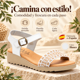 Sandalias de Mujer Blancas de Piel y Yute con Hebilla y Cuña de Gel