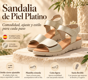 Sandalias de Mujer de Piel Platino con Cuña de Gel y Cierre Ajustable