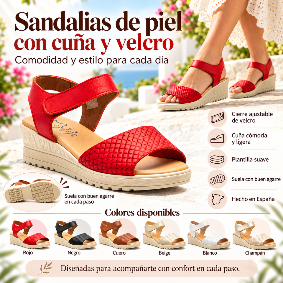 Sandalias de Mujer de Piel Rojas con Velcro y Cuña de 4,5 cm