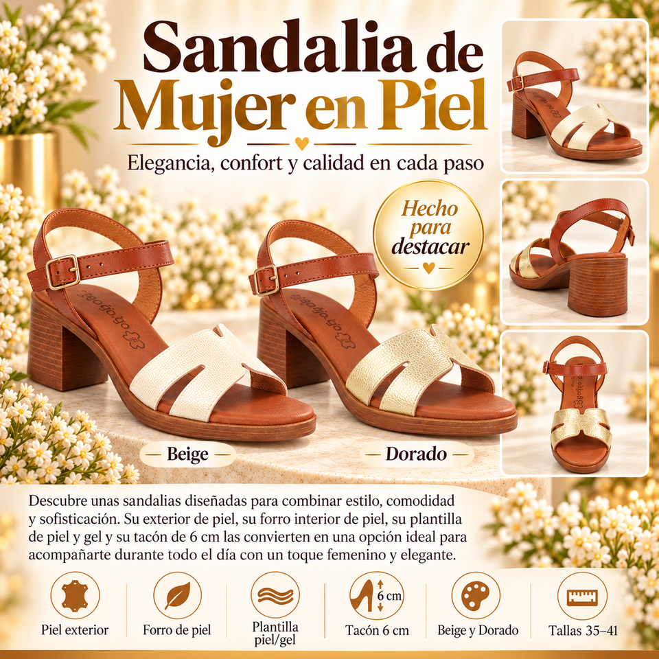 Sandalias de Mujer de Piel – Tacón de 6 cm y Plantilla de Gel