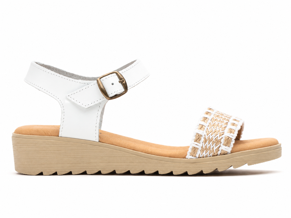 Sandalias de Mujer Blancas de Piel y Yute con Hebilla y Cuña de Gel
