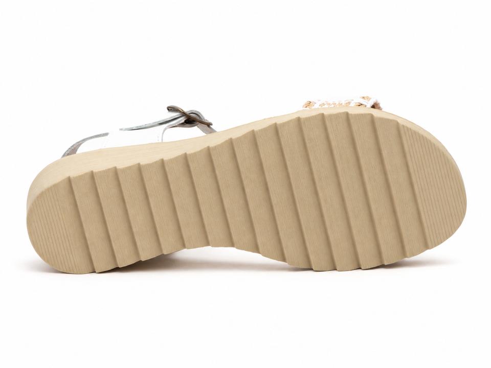 Sandalias de Mujer Blancas de Piel y Yute con Hebilla y Cuña de Gel
