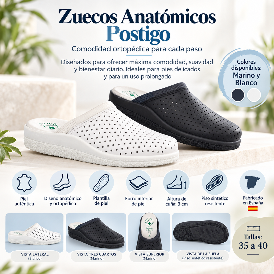 Zuecos Anatómicos Unisex de Piel Postigo – Diseño Ergonómico, Máximo Confort y Cuña de 3 cm