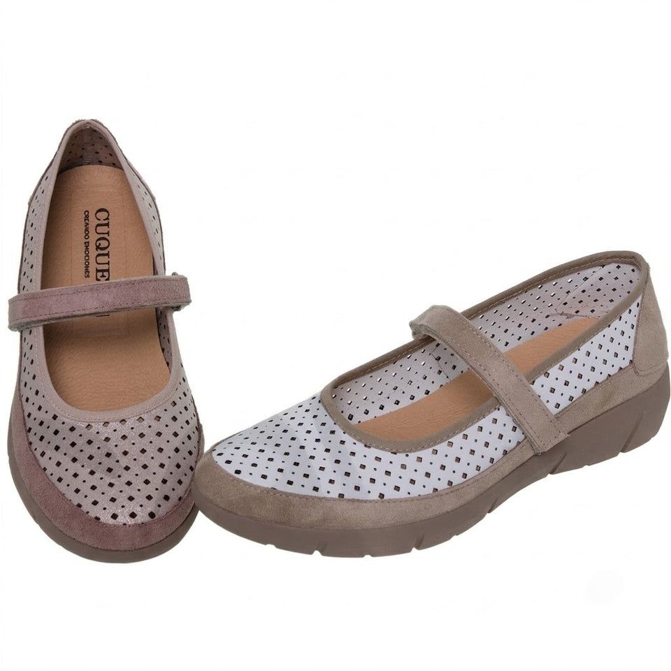 Zapatos de cuña de textil para mujer – Blanco y topo