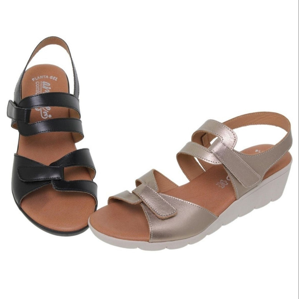Sandalias de Cuña de Piel con Plantilla de Gel – Negro y Platino